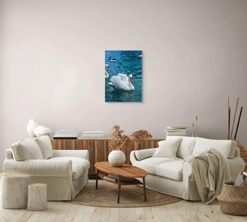 Tablou Canvas, "Grațioase lebede pe lac albastru", Grațioasă, Albă, Zburătoare, Liniștită, Senină, Vezel, Rece, Cristalină, Plutitoare, Majestuoasă, 50 x 70 cm – poza 4