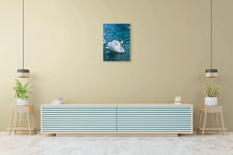 Tablou Canvas, "Grațioase lebede pe lac albastru", Grațioasă, Albă, Zburătoare, Liniștită, Senină, Vezel, Rece, Cristalină, Plutitoare, Majestuoasă, 50 x 70 cm – poza 6