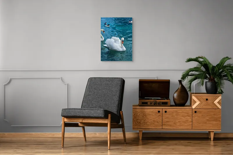 Tablou Canvas, "Grațioase lebede pe lac albastru", Grațioasă, Albă, Zburătoare, Liniștită, Senină, Vezel, Rece, Cristalină, Plutitoare, Majestuoasă, 50 x 70 cm – poza 8