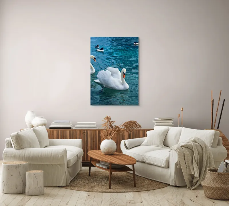 Tablou Canvas, "Grațioase lebede pe lac albastru", Grațioasă, Albă, Zburătoare, Liniștită, Senină, Vezel, Rece, Cristalină, Plutitoare, Majestuoasă, 70 x 100 cm – poza 4