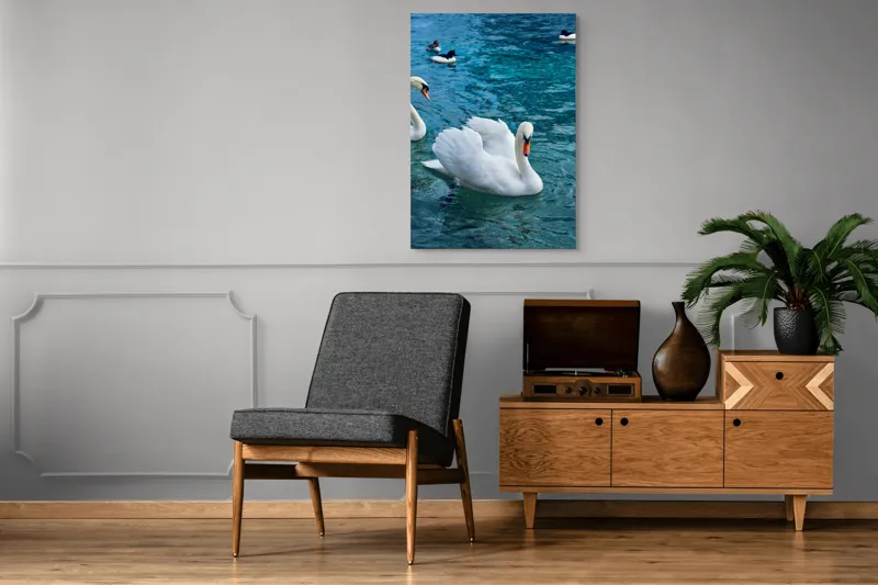 Tablou Canvas, "Grațioase lebede pe lac albastru", Grațioasă, Albă, Zburătoare, Liniștită, Senină, Vezel, Rece, Cristalină, Plutitoare, Majestuoasă, 70 x 100 cm – poza 6