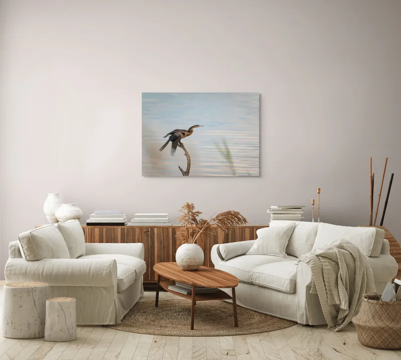 Tablou Canvas, "Pasărea pe crenguța solitară", Pasăre, Apă, Ramură, Aripi, Cer, Liniște, 100 x 70 cm – poza 3