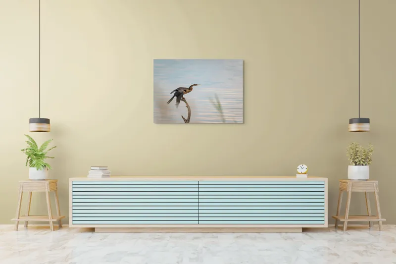 Tablou Canvas, "Pasărea pe crenguța solitară", Pasăre, Apă, Ramură, Aripi, Cer, Liniște, 100 x 70 cm – poza 4