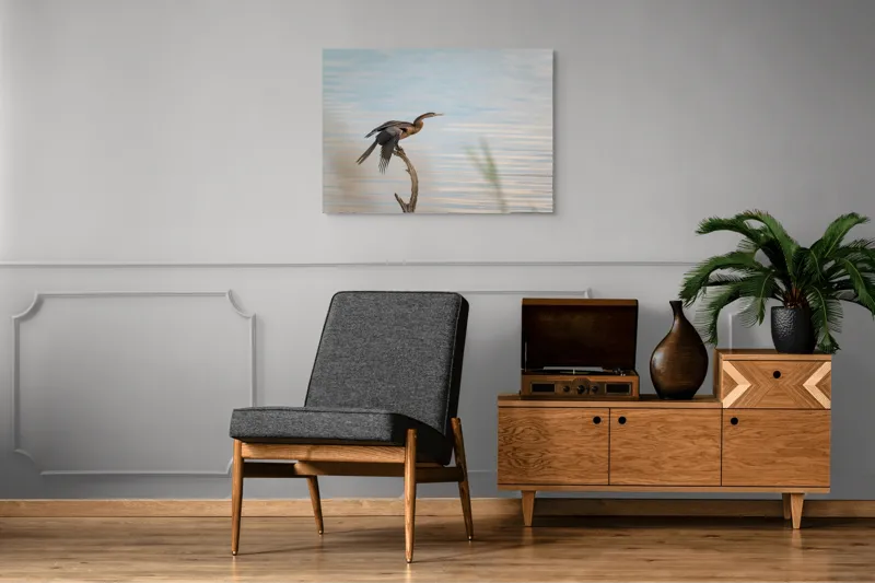 Tablou Canvas, "Pasărea pe crenguța solitară", Pasăre, Apă, Ramură, Aripi, Cer, Liniște, 100 x 70 cm – poza 8
