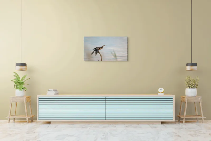 Tablou Canvas, "Pasărea pe crenguța solitară", Pasăre, Apă, Ramură, Aripi, Cer, Liniște, 90 x 50 cm – poza 5
