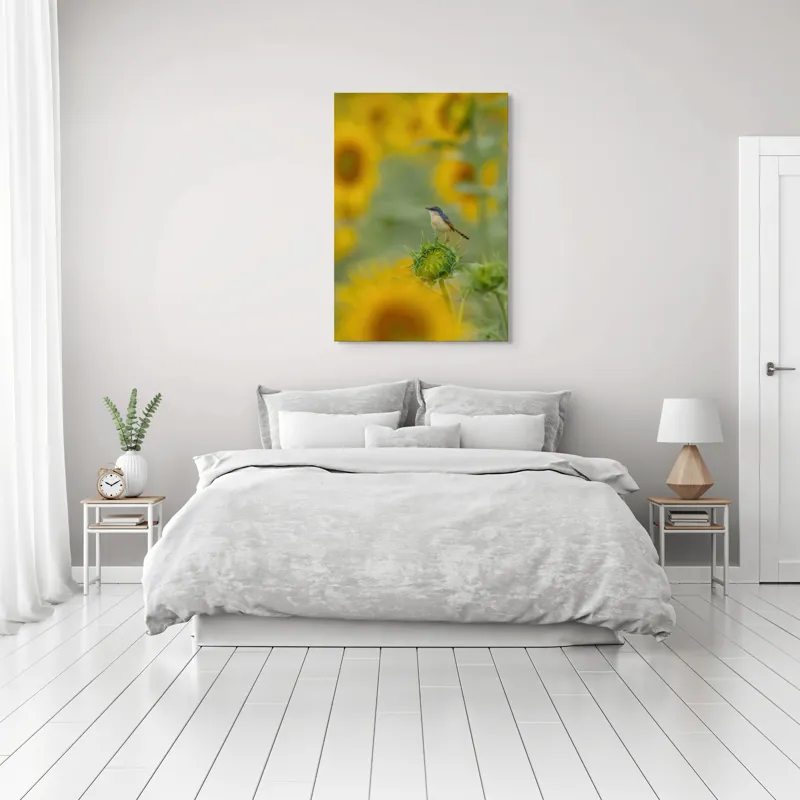 Tablou Canvas, "Păsărele și floarea-soarelui în armonie", Frumusețe, Natură, Vividitate, Calm, Armonie, Soare, Culoare, Bucurie, 70 x 100 cm – poza 3
