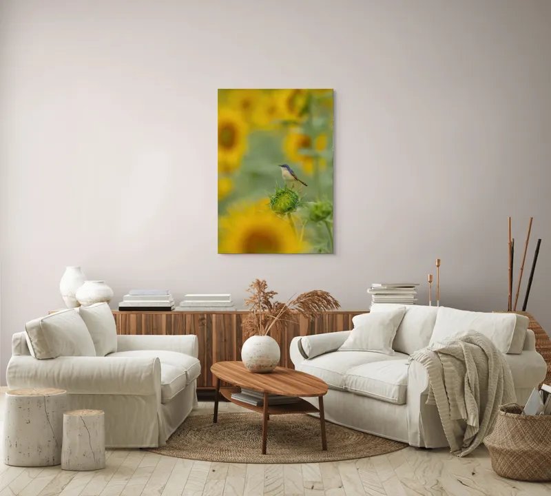 Tablou Canvas, "Păsărele și floarea-soarelui în armonie", Frumusețe, Natură, Vividitate, Calm, Armonie, Soare, Culoare, Bucurie, 70 x 100 cm – poza 4