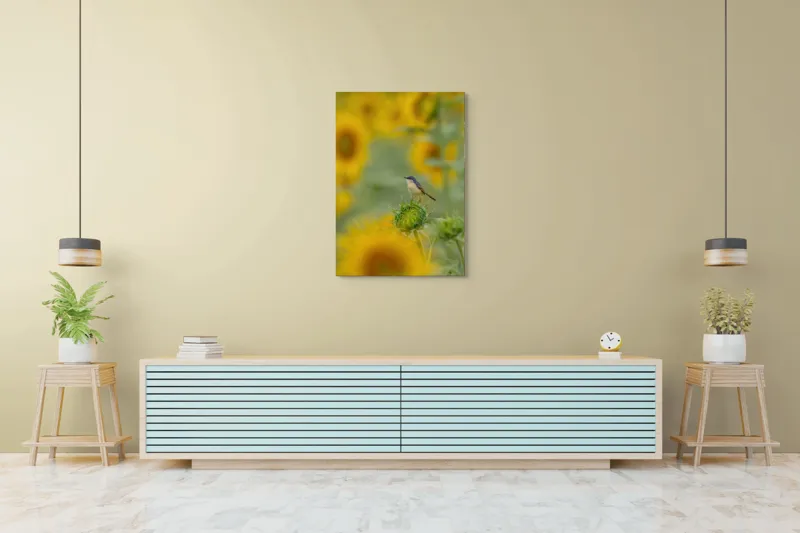 Tablou Canvas, "Păsărele și floarea-soarelui în armonie", Frumusețe, Natură, Vividitate, Calm, Armonie, Soare, Culoare, Bucurie, 70 x 100 cm – poza 5