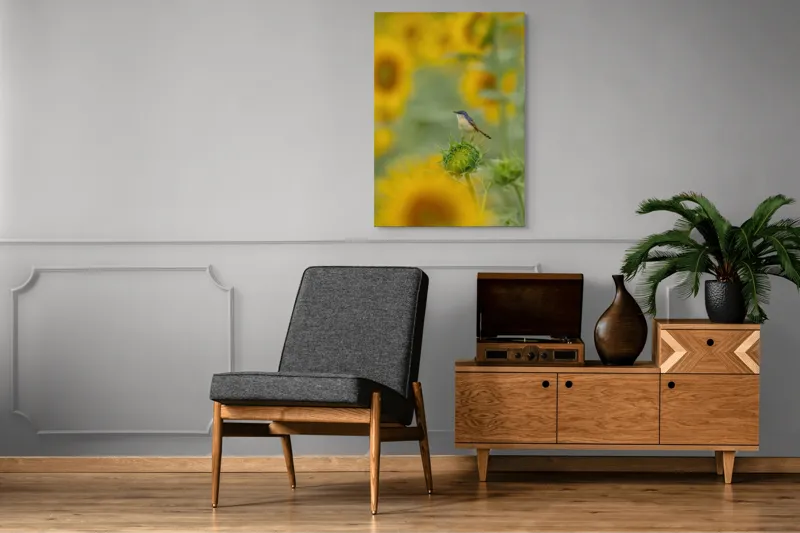 Tablou Canvas, "Păsărele și floarea-soarelui în armonie", Frumusețe, Natură, Vividitate, Calm, Armonie, Soare, Culoare, Bucurie, 70 x 100 cm – poza 6