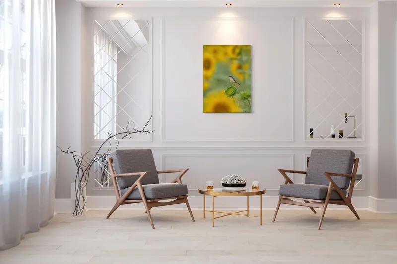 Tablou Canvas, "Păsărele și floarea-soarelui în armonie", Frumusețe, Natură, Vividitate, Calm, Armonie, Soare, Culoare, Bucurie, 70 x 100 cm – poza 8