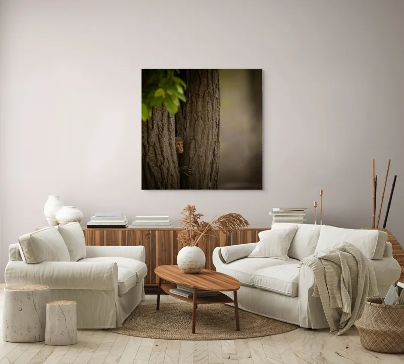 Tablou Canvas, "Maimuța ascunsă între copaci verzi", 100 x 100 cm – poza 3