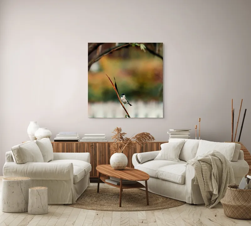 Tablou Canvas, "Cântecul păsării în grădina liniștită", Pasăre, Culoare, Ramură, Verdeață, Fundal, Natură, Delicat, Liniște, 100 x 100 cm – poza 3