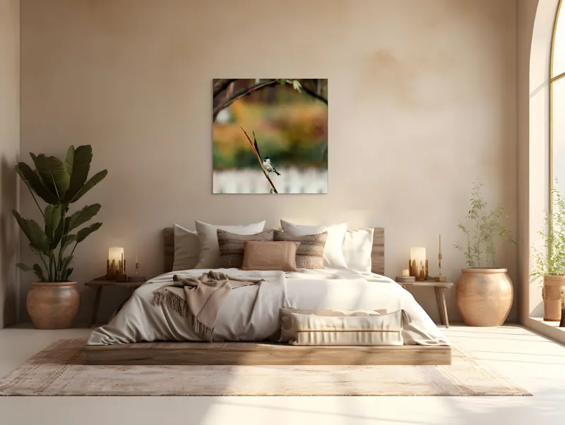 Tablou Canvas, "Cântecul păsării în grădina liniștită", Pasăre, Culoare, Ramură, Verdeață, Fundal, Natură, Delicat, Liniște, 100 x 100 cm – poza 4