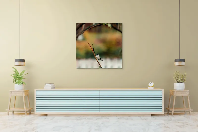 Tablou Canvas, "Cântecul păsării în grădina liniștită", Pasăre, Culoare, Ramură, Verdeață, Fundal, Natură, Delicat, Liniște, 100 x 100 cm – poza 5
