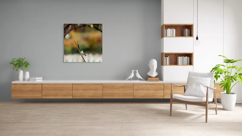 Tablou Canvas, "Cântecul păsării în grădina liniștită", Pasăre, Culoare, Ramură, Verdeață, Fundal, Natură, Delicat, Liniște, 100 x 100 cm – poza 8