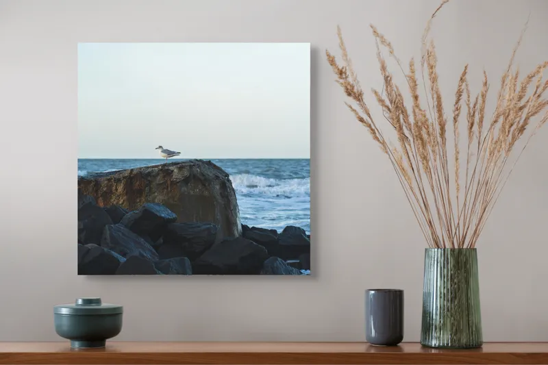 Tablou Canvas, "Pescăruș solitar pe stâncile mării", Pescăruș, Stâncă, Valuri, Cer, Apus, Liniște, Natură, Mare, Relaxare, 50 x 50 cm – poza 4