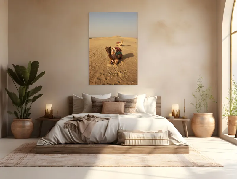 Tablou Canvas, "Tihna caravanelor în deșertul fierbinte", Cămile, Deșert, Nisip, Cer, Singurătate, Căldură, Orizont, Odihnă, 100 x 150 cm – poza 3