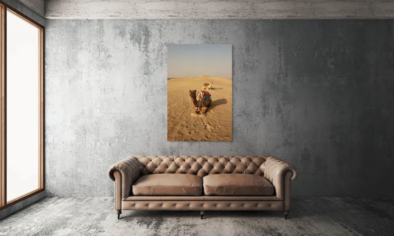 Tablou Canvas, "Tihna caravanelor în deșertul fierbinte", Cămile, Deșert, Nisip, Cer, Singurătate, Căldură, Orizont, Odihnă, 100 x 150 cm – poza 6