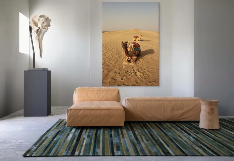 Tablou Canvas, "Tihna caravanelor în deșertul fierbinte", Cămile, Deșert, Nisip, Cer, Singurătate, Căldură, Orizont, Odihnă, 100 x 150 cm – poza 7