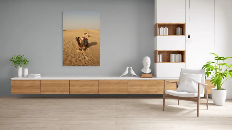 Tablou Canvas, "Tihna caravanelor în deșertul fierbinte", Cămile, Deșert, Nisip, Cer, Singurătate, Căldură, Orizont, Odihnă, 100 x 150 cm – poza 8