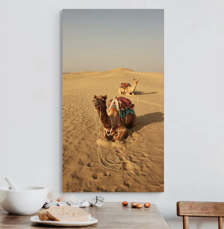 Tablou Canvas, "Tihna caravanelor în deșertul fierbinte", Cămile, Deșert, Nisip, Cer, Singurătate, Căldură, Orizont, Odihnă, 50 x 90 cm – poza 3