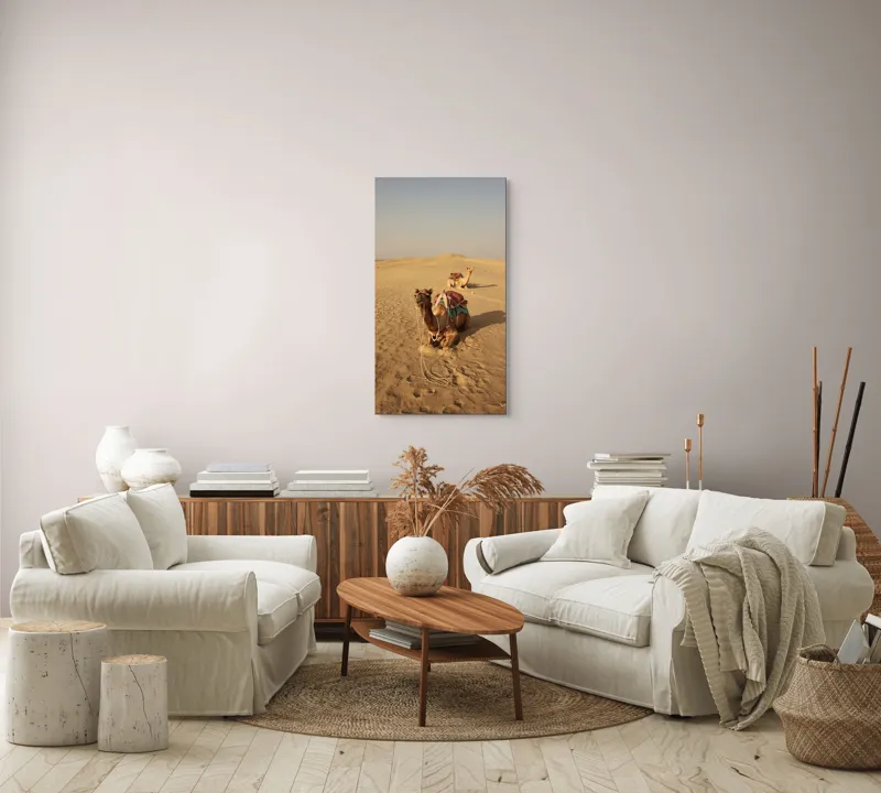 Tablou Canvas, "Tihna caravanelor în deșertul fierbinte", Cămile, Deșert, Nisip, Cer, Singurătate, Căldură, Orizont, Odihnă, 50 x 90 cm – poza 7