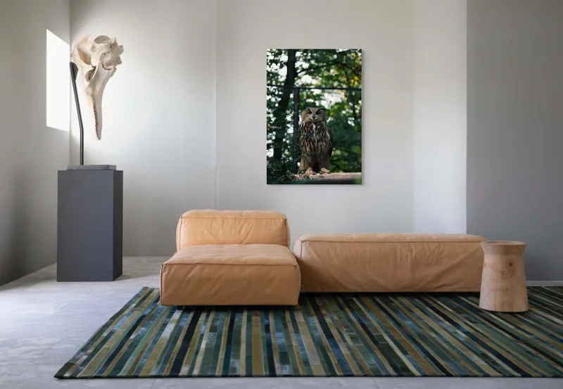 Tablou Canvas, "Bufnița în pădurea deasă", Bufniță, Pene, Copaci, Verdeață, Privire, Ramuri, Natură, Pădure, Stare de Alertă., 70 x 100 cm – poza 7