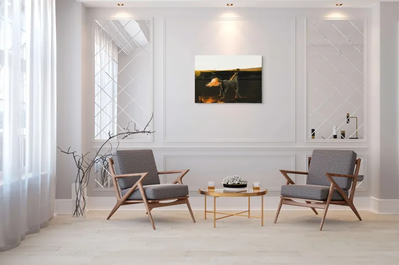 Tablou Canvas, "Calul alb în lumina apusului", Cal, Luminozitate, Mișcare, Peisaj, Energie, Apus, Libertate, Dinamică, 100 x 70 cm – poza 5