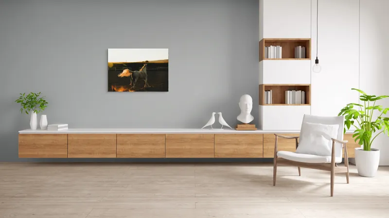 Tablou Canvas, "Calul alb în lumina apusului", Cal, Luminozitate, Mișcare, Peisaj, Energie, Apus, Libertate, Dinamică, 100 x 70 cm – poza 6