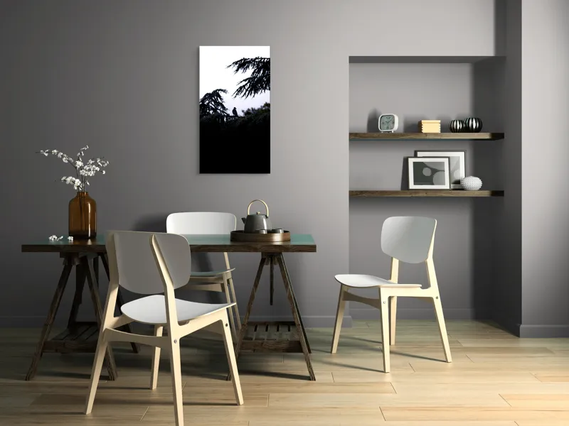 Tablou Canvas, "Pasăre solitară în amurgul pădurii", Pasăre, Siluetă, Ramuri, Copaci, Cer, Umbre, Natură, Întuneric, Mistic, Calm., 50 x 90 cm – poza 4