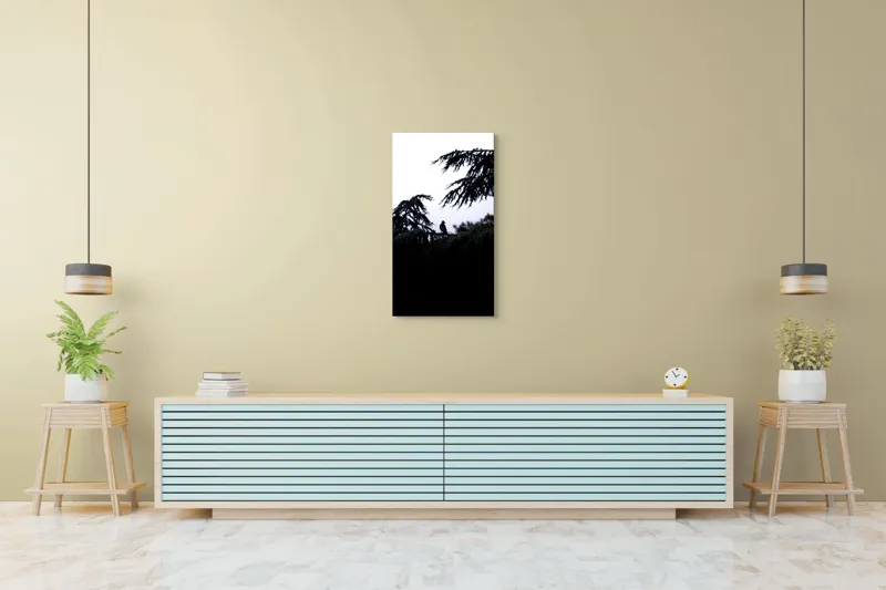 Tablou Canvas, "Pasăre solitară în amurgul pădurii", Pasăre, Siluetă, Ramuri, Copaci, Cer, Umbre, Natură, Întuneric, Mistic, Calm., 50 x 90 cm – poza 6