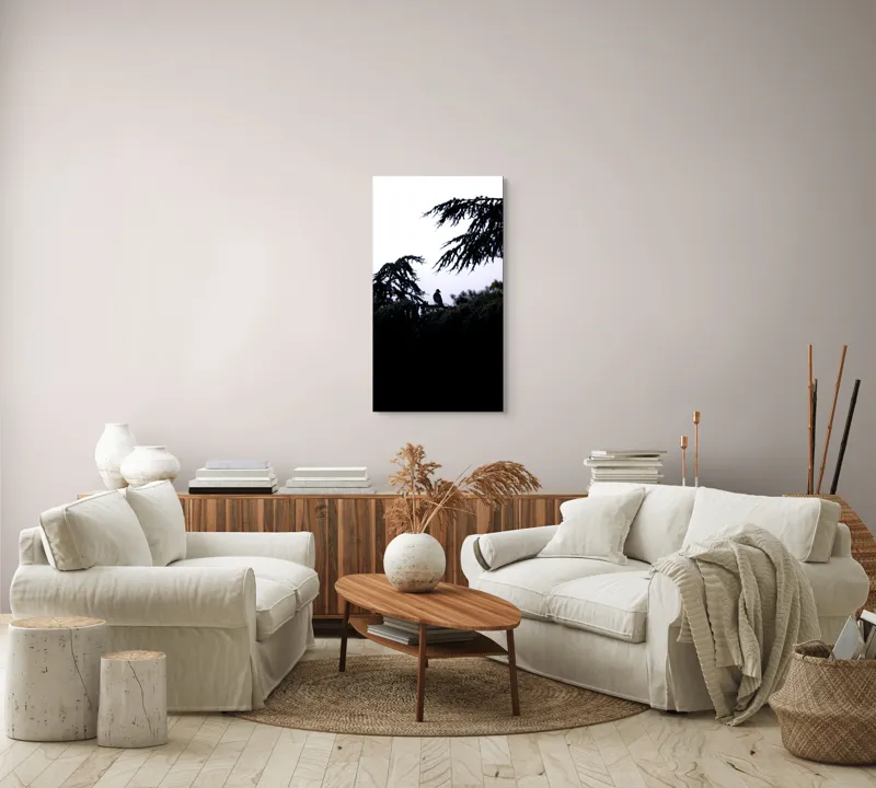 Tablou Canvas, "Pasăre solitară în amurgul pădurii", Pasăre, Siluetă, Ramuri, Copaci, Cer, Umbre, Natură, Întuneric, Mistic, Calm., 50 x 90 cm – poza 7