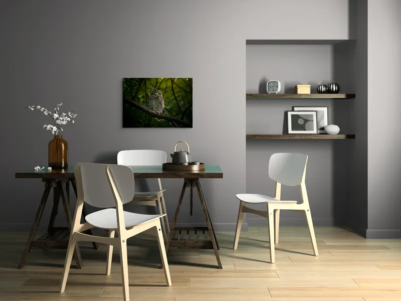 Tablou Canvas, "Bufnița vigilentă păzind pădurea tăcută", Bufniță, Privire, Noapte, Ramură, Mister, Pădure, Frunziș, Natură, Ochi, Natura, Solitudine, Tăcere, Nocturn, Sălbatic, Întuneric, 70 x 50 cm – poza 5