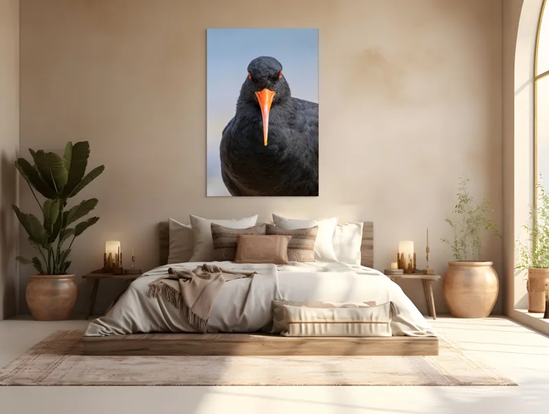 Tablou Canvas, "Pasărea cu privire intensă", Pasăre, Negru, Cioc, Portocaliu, Intens, Privire, Penaj, Contrast, Strălucire, Ochi, 100 x 150 cm – poza 3