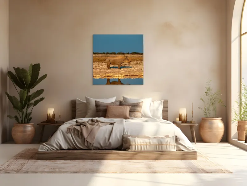 Tablou Canvas, "Rinocerul singuratic la apusul soarelui", Rhino, Reflecție, Apă, Teren, Cer, Solitar, Peisaj, Natural, Serenitate, Conservare, 100 x 100 cm – poza 4