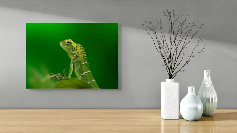 Tablou Canvas, "Şopârla verde în lumea liniştii", Verde, Şopârlă, Elegant, Spini, Fundal, Natură, Contrast, Frunză, 54 x 39 cm – poza 3