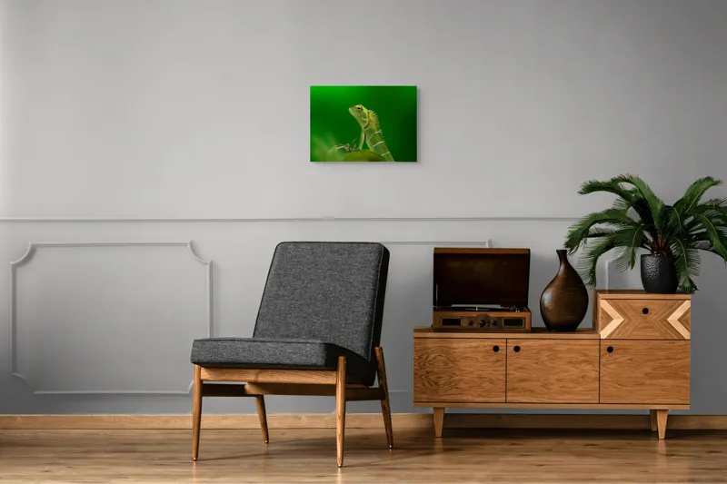 Tablou Canvas, "Şopârla verde în lumea liniştii", Verde, Şopârlă, Elegant, Spini, Fundal, Natură, Contrast, Frunză, 54 x 39 cm – poza 7