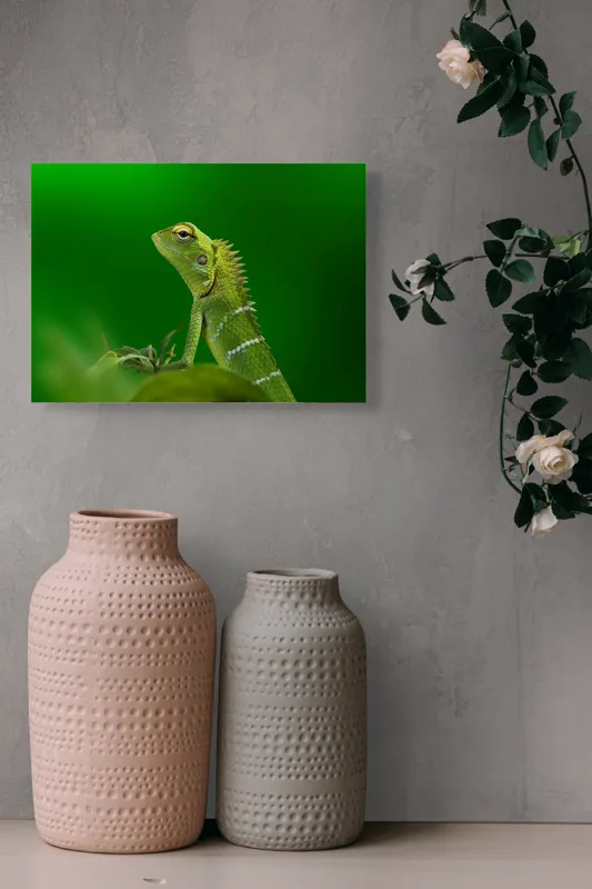 Tablou Canvas, "Şopârla verde în lumea liniştii", Verde, Şopârlă, Elegant, Spini, Fundal, Natură, Contrast, Frunză, 54 x 39 cm – poza 8