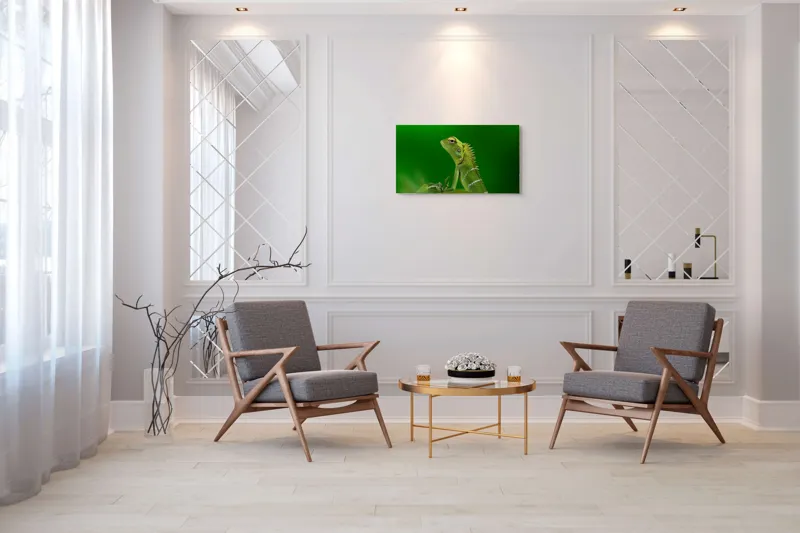 Tablou Canvas, "Şopârla verde în lumea liniştii", Verde, Şopârlă, Elegant, Spini, Fundal, Natură, Contrast, Frunză, 90 x 50 cm – poza 7