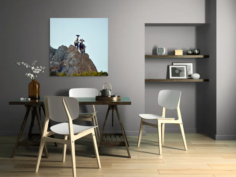 Tablou Canvas, "Capre pe stânci sub cer senin", Capre, Stâncă, Cer, Natură, Aventură, Priveliște, Înălțime, Peisaj, Libertate, Aventurous, 100 x 100 cm – poza 6