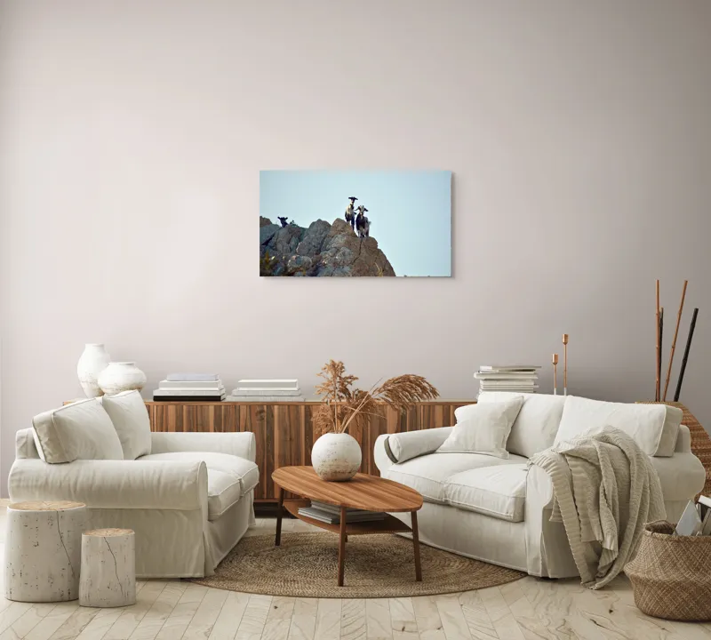 Tablou Canvas, "Capre pe stânci sub cer senin", Capre, Stâncă, Cer, Natură, Aventură, Priveliște, Înălțime, Peisaj, Libertate, Aventurous, 90 x 50 cm – poza 4