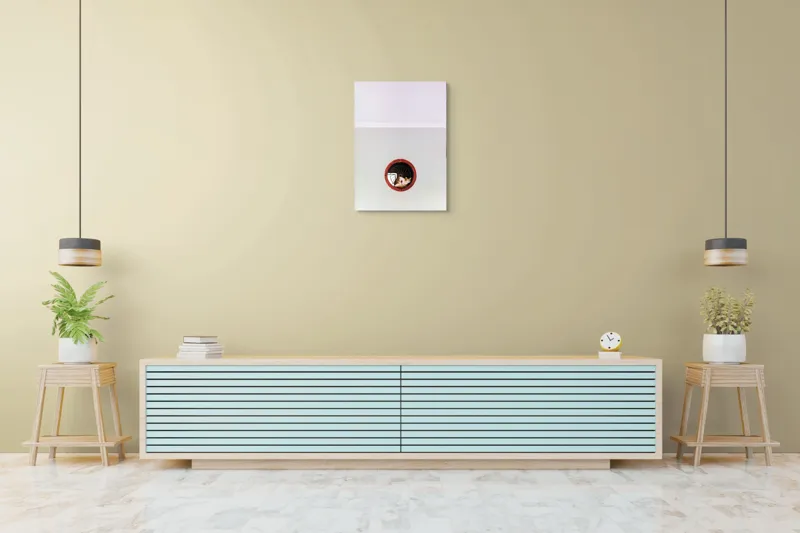 Tablou Canvas, "Pisica somnoroasă în fereastra rotundă", Pisică, Ventilație, Relaxare, Minimalism, Perete, Contrast, Simetrie, Gri, Alb, Roșu, Curiozitate, Calm, Încadrare, Design, 50 x 70 cm – poza 6