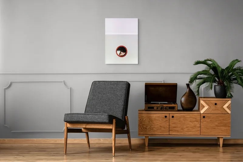 Tablou Canvas, "Pisica somnoroasă în fereastra rotundă", Pisică, Ventilație, Relaxare, Minimalism, Perete, Contrast, Simetrie, Gri, Alb, Roșu, Curiozitate, Calm, Încadrare, Design, 50 x 70 cm – poza 8