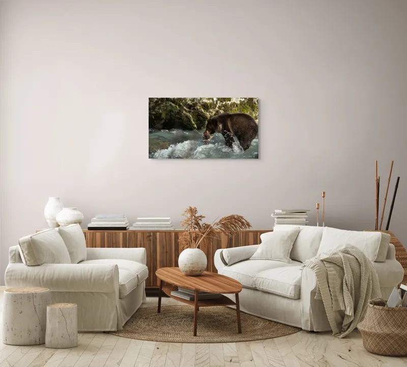 Tablou Canvas, "Ursul și peștele în râu tumultuos", Urs, Apă, Pește, Pădure, Natură, Vânătoare, Râu, Stânci, Sălbăticie, 90 x 50 cm – poza 4