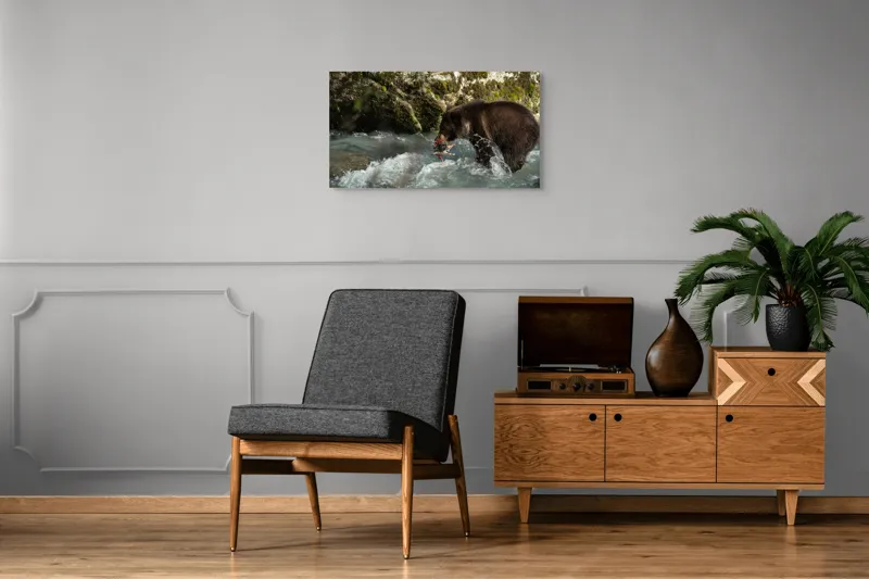 Tablou Canvas, "Ursul și peștele în râu tumultuos", Urs, Apă, Pește, Pădure, Natură, Vânătoare, Râu, Stânci, Sălbăticie, 90 x 50 cm – poza 6
