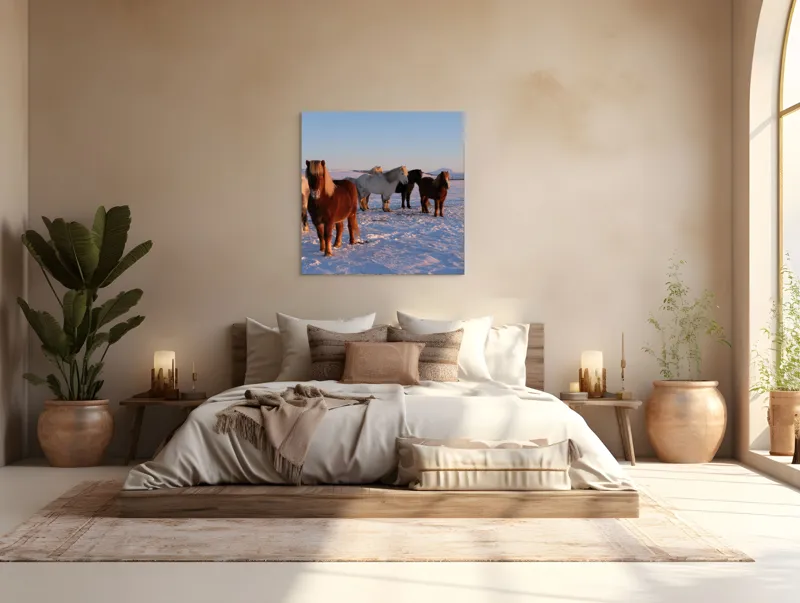 Tablou Canvas, "Cai islandezi în zăpada nesfârșită", Cai, Peisaj, Iarnă, Zăpadă, Răsărit, Serenitate, Frig, Natură, Culoare, 100 x 100 cm – poza 4