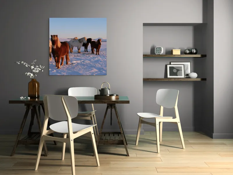 Tablou Canvas, "Cai islandezi în zăpada nesfârșită", Cai, Peisaj, Iarnă, Zăpadă, Răsărit, Serenitate, Frig, Natură, Culoare, 100 x 100 cm – poza 6