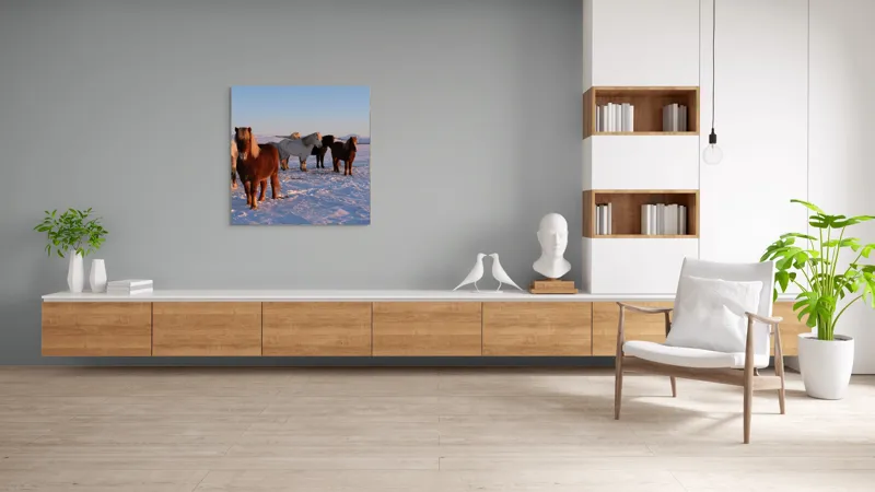 Tablou Canvas, "Cai islandezi în zăpada nesfârșită", Cai, Peisaj, Iarnă, Zăpadă, Răsărit, Serenitate, Frig, Natură, Culoare, 100 x 100 cm – poza 8