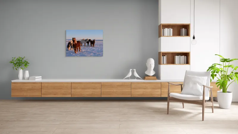 Tablou Canvas, "Cai islandezi în zăpada nesfârșită", Cai, Peisaj, Iarnă, Zăpadă, Răsărit, Serenitate, Frig, Natură, Culoare, 100 x 70 cm – poza 6