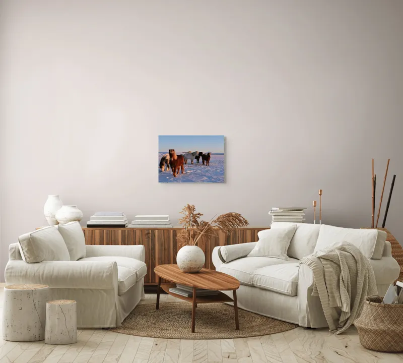 Tablou Canvas, "Cai islandezi în zăpada nesfârșită", Cai, Peisaj, Iarnă, Zăpadă, Răsărit, Serenitate, Frig, Natură, Culoare, 54 x 39 cm – poza 5